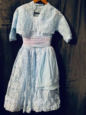 Light Blue Lace Prom Dress & Jacket with Hombre Lavender Waist Sash Vintage